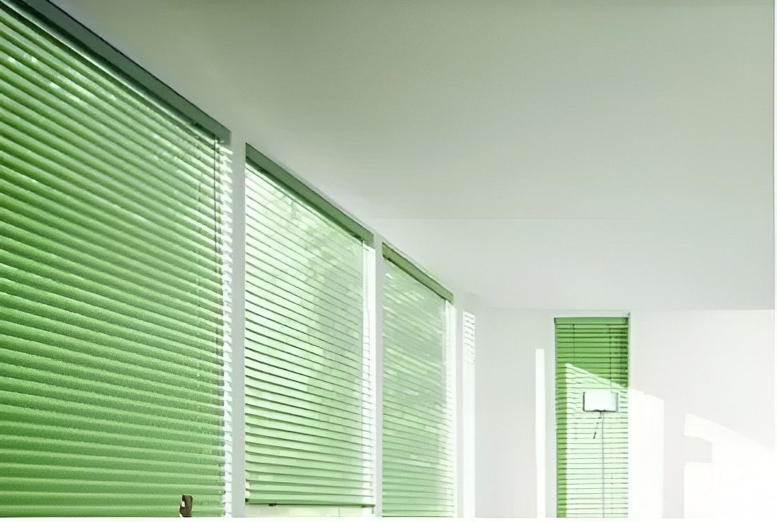 Green Blinds Covering Windows in a White Room, Letting in Sunlight — Whitsunday Vogue Interiors in Cannonvale, QLD