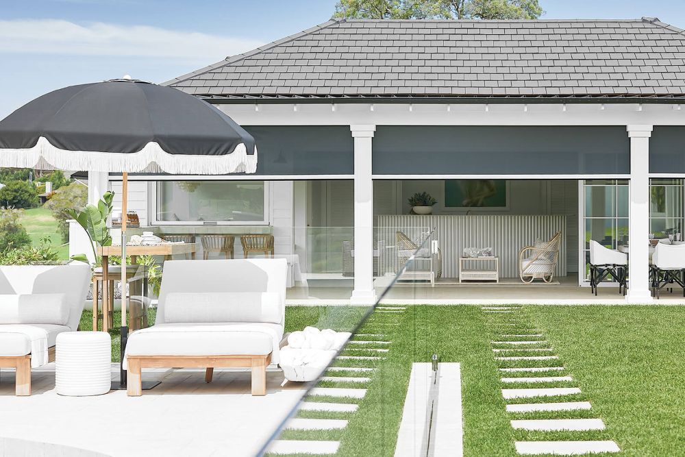 A Rendering of a House With a Patio Area and a Swimming Pool — Whitsunday Vogue Interiors in Cannonvale, QLD