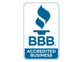 A blue and white bbb accredited business logo