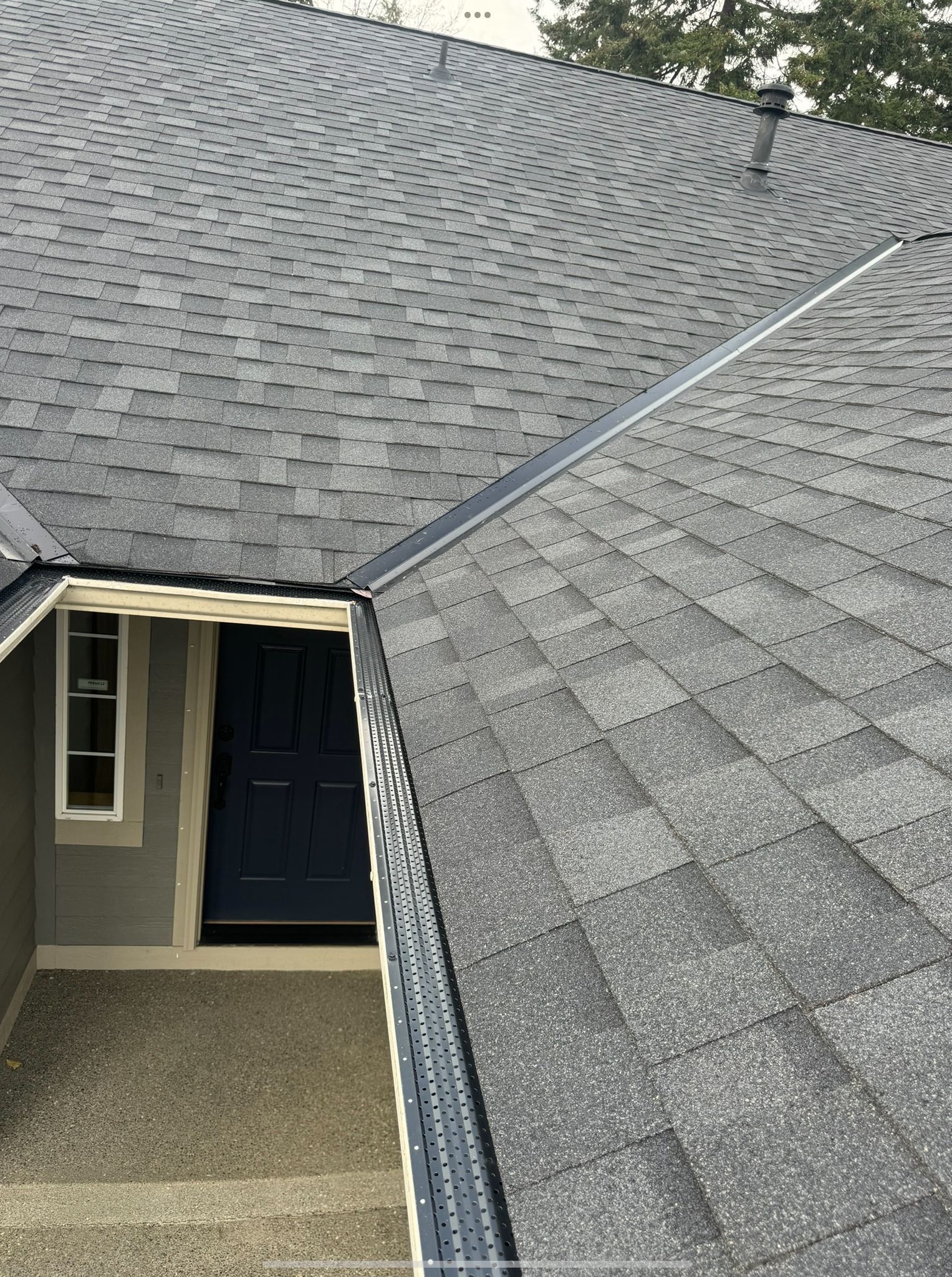 A house with a gray roof and a blue door.