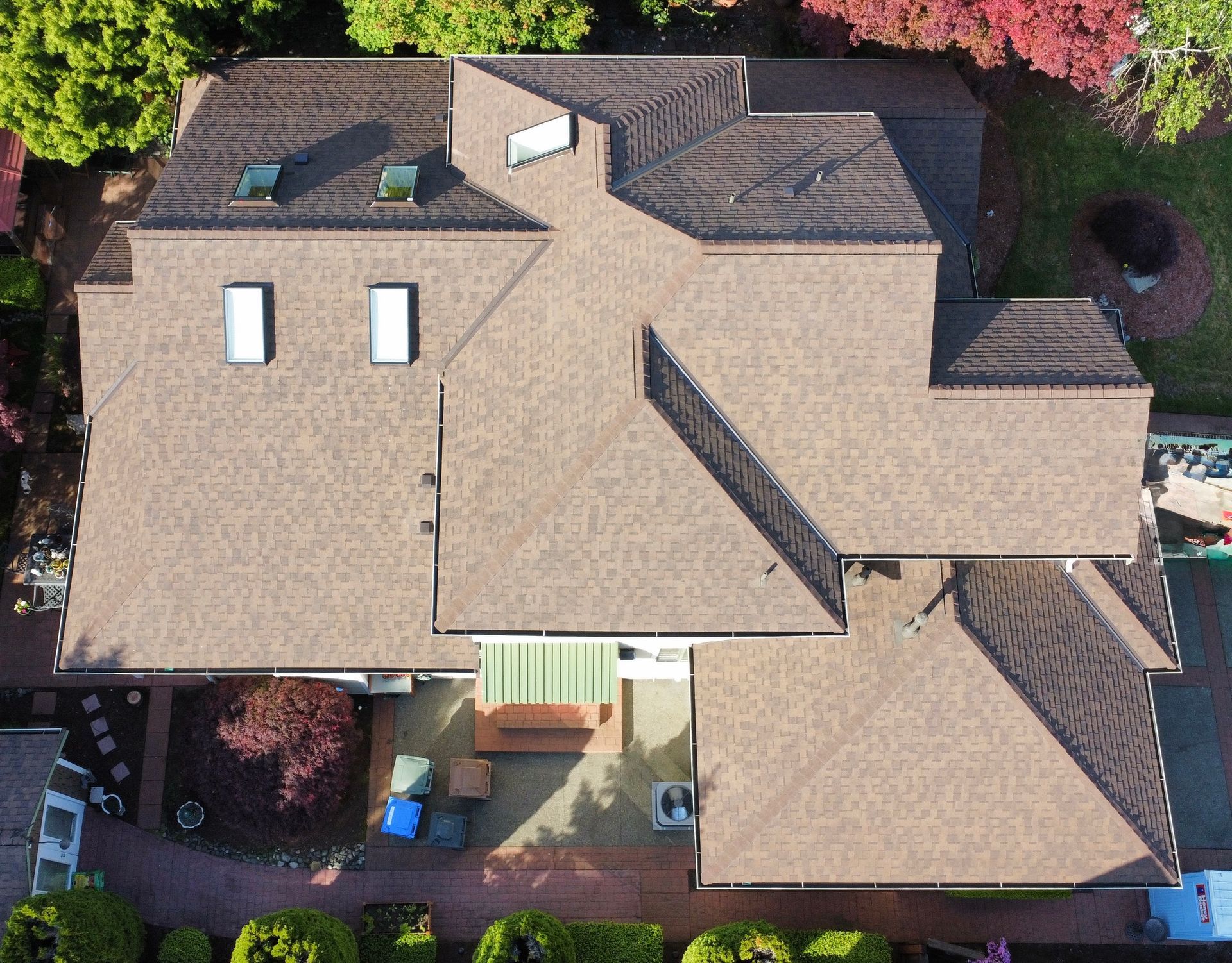 An aerial view of the roof of a house