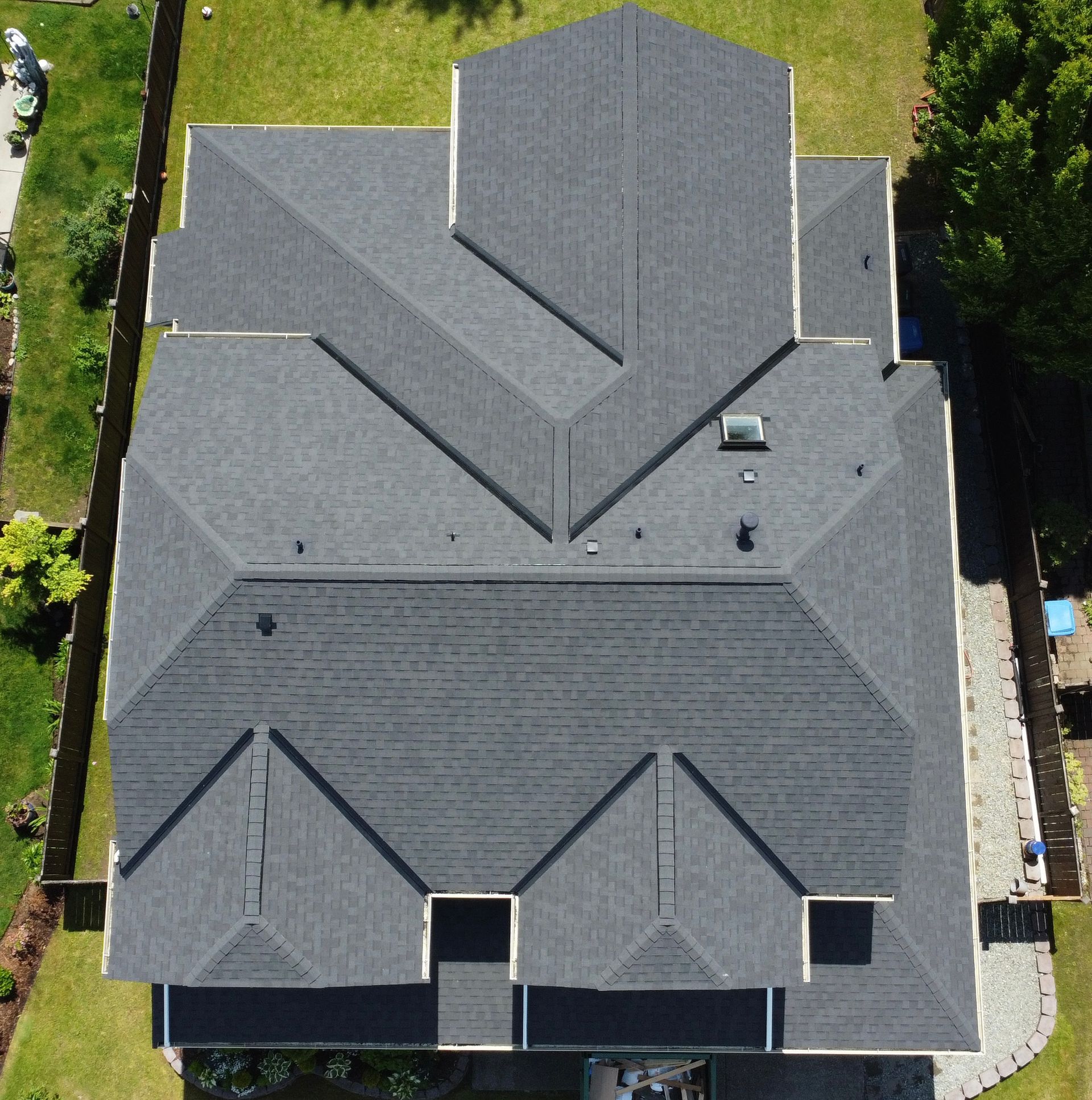 An aerial view of the roof of a house