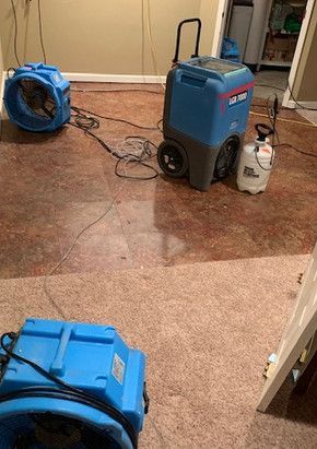 A room with a vacuum cleaner and a sprayer on the floor.