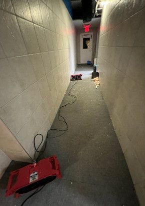 A red vacuum cleaner is sitting in the middle of a hallway.