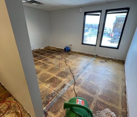 A room with a green vacuum cleaner on the floor.