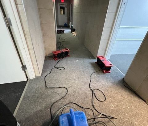 A vacuum cleaner is sitting on the floor in a hallway.