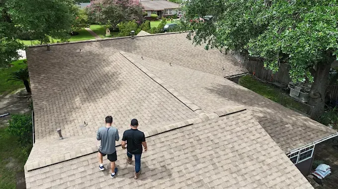 Two people walking on a brown shingled roof, trees and houses visible in the background on a sunny day.