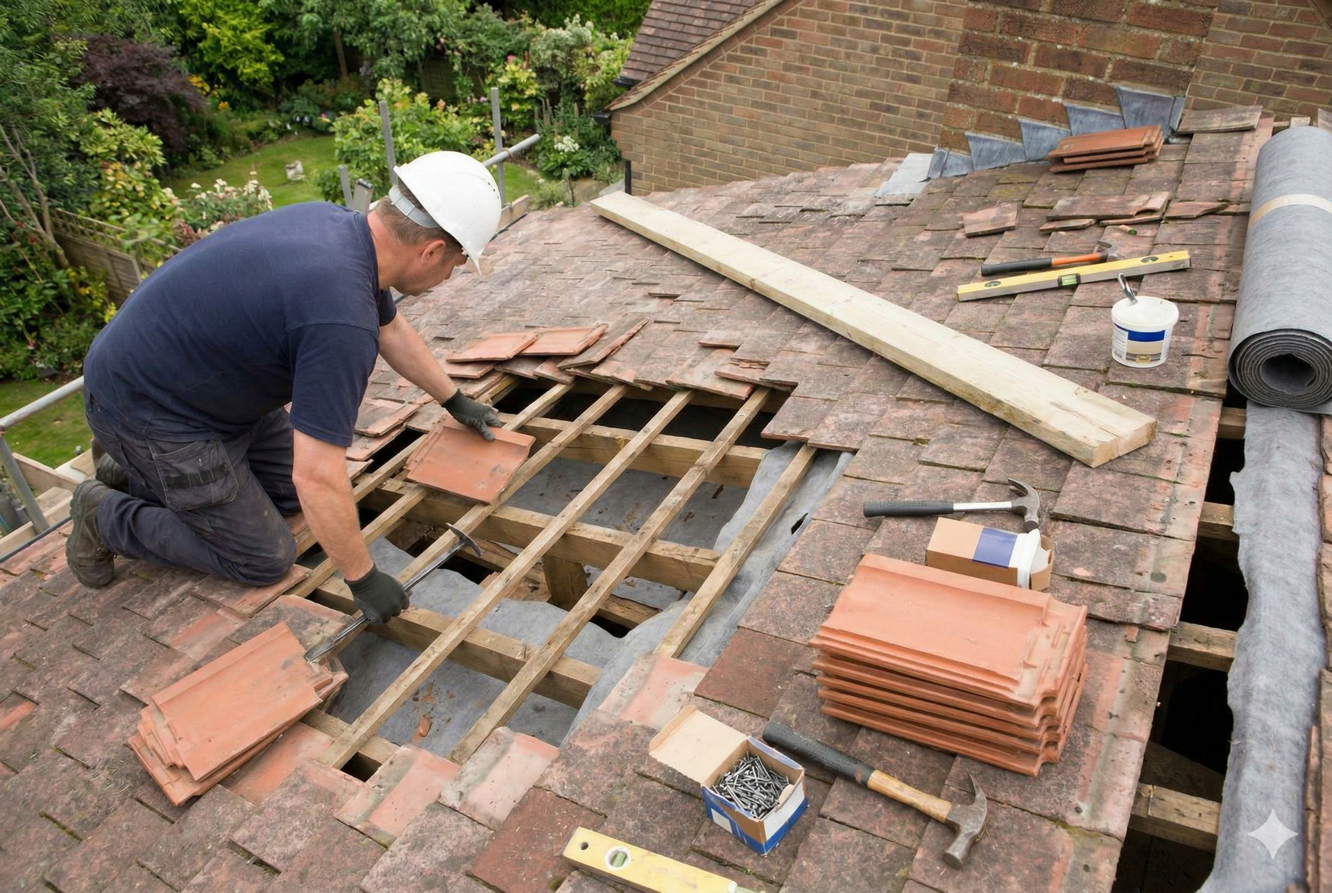 Roofer in white hard hat replaces roof tiles on a partially constructed roof. Sunlight, wood, and clay tiles.