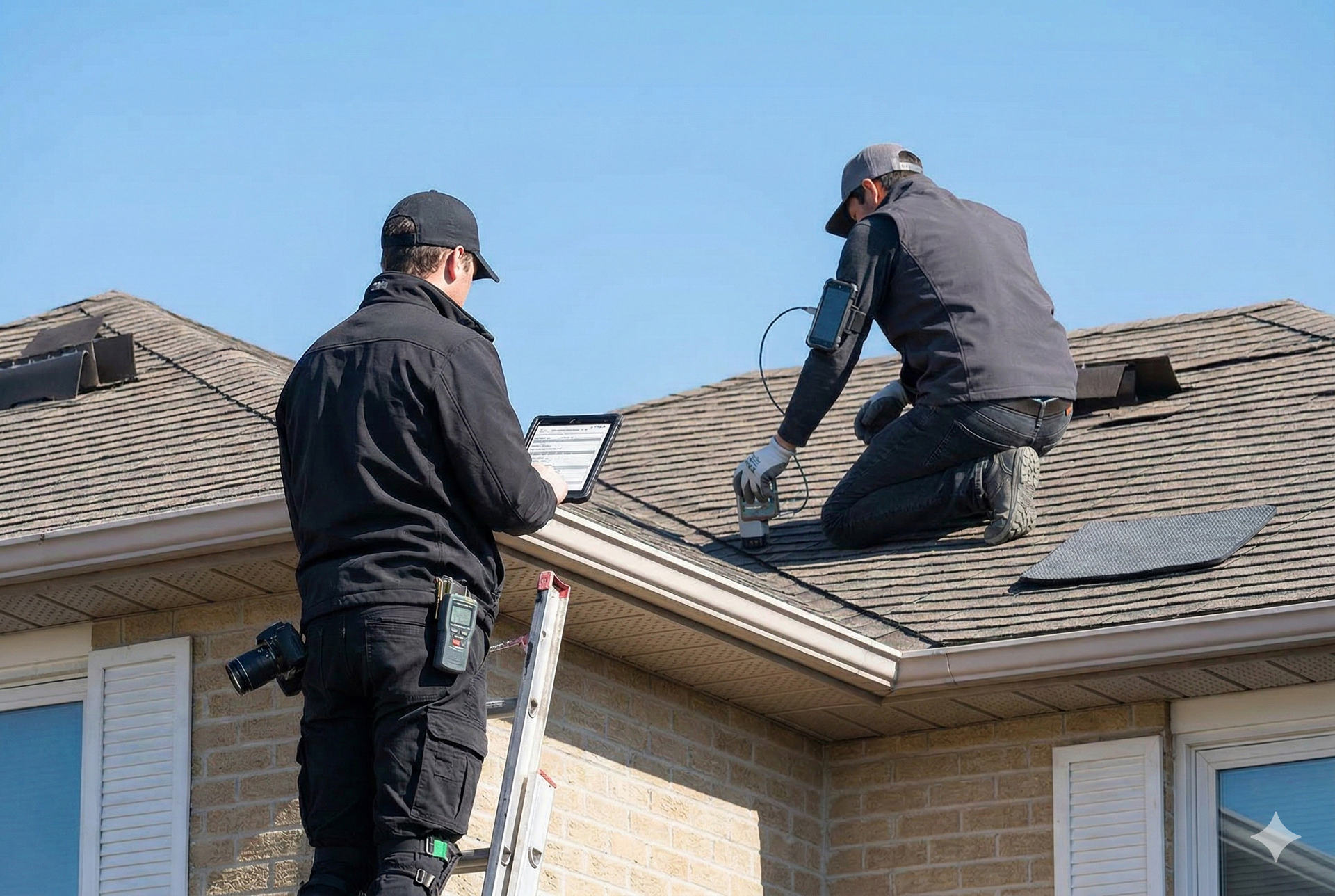 Two workers on a rooftop installing a solar panel system.