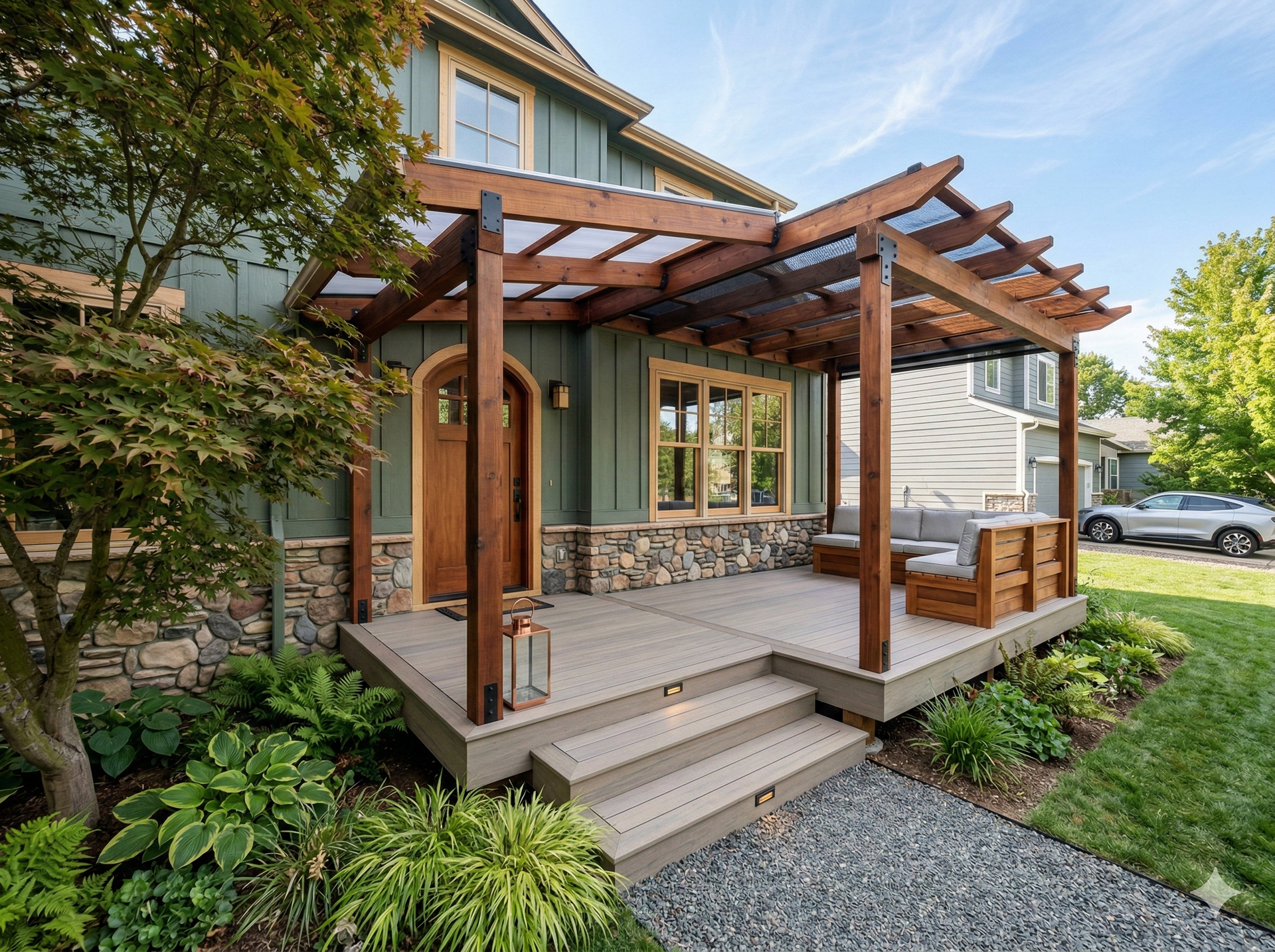 HVAC unit being lifted by crane onto a building rooftop; three workers direct the load, clear sky.