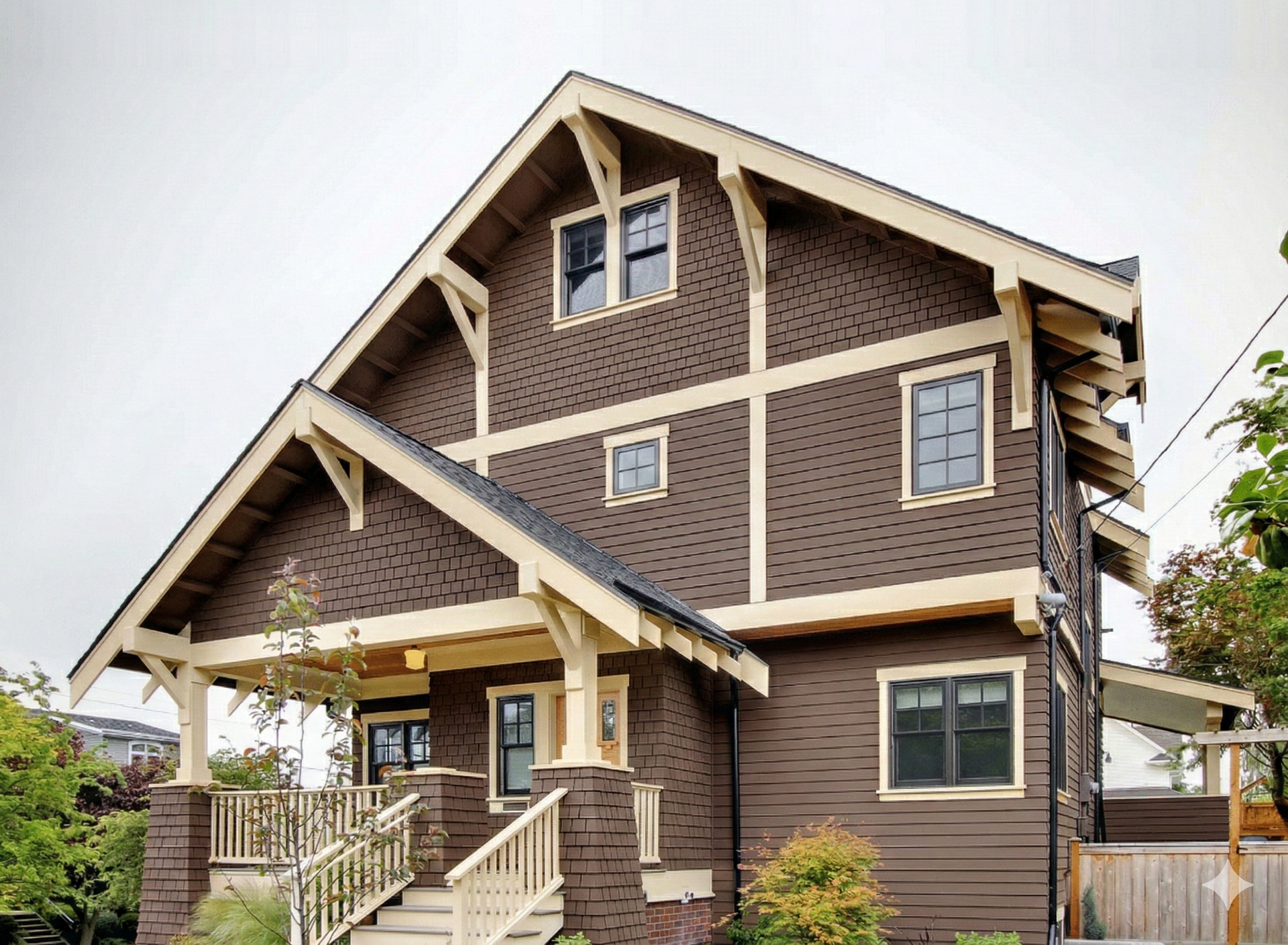 Brown Craftsman-style house with tan trim, a front porch, and a gray sky backdrop.