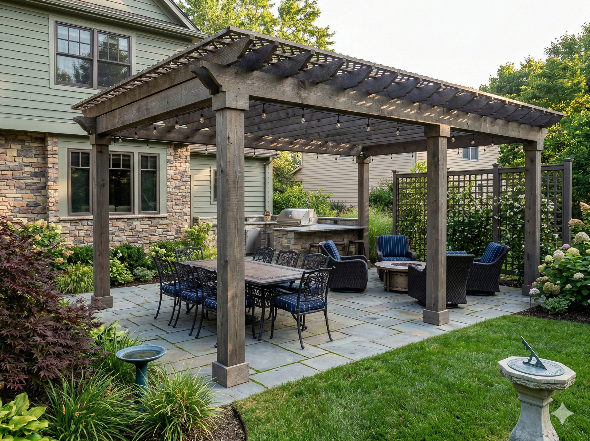 Pergola over patio with dining table and seating, outdoor kitchen, and backyard.