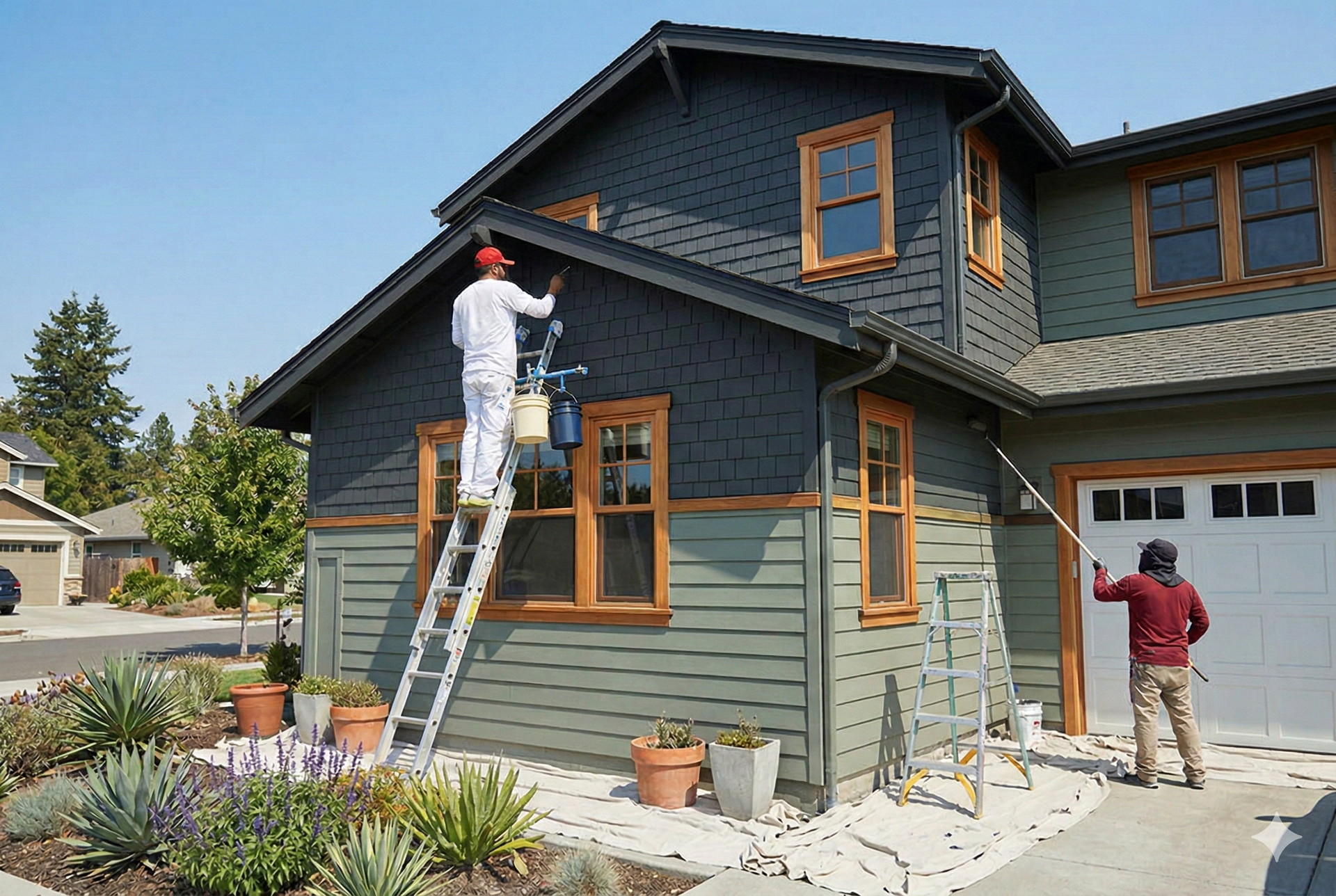 House being painted: worker on ladder, another using a roller, exterior, green and blue siding.
