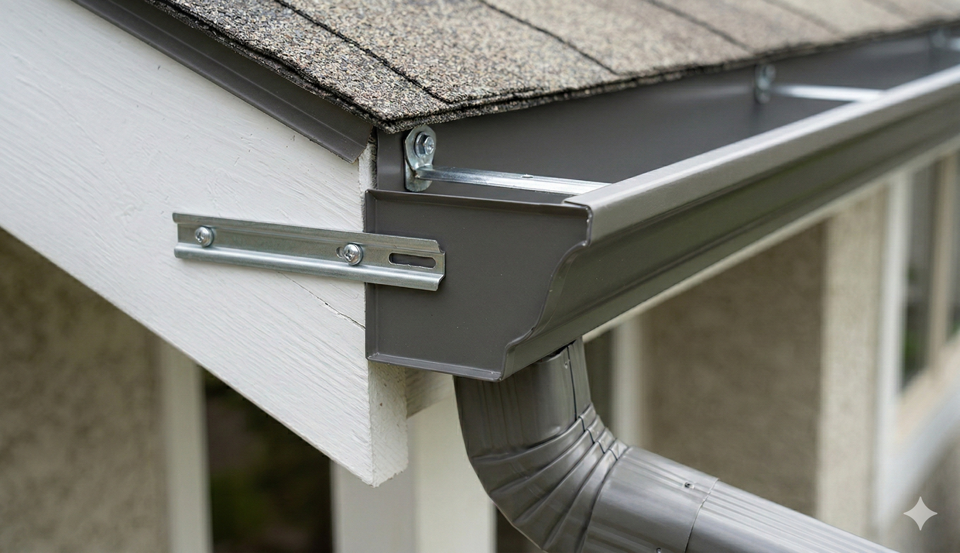 Gray gutter system attached to a white building with brown roof.