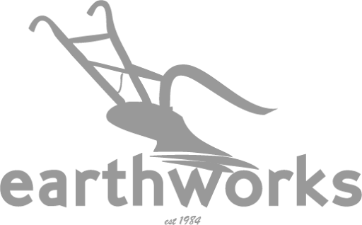 A logo for a company called earthworks with a plow on it.