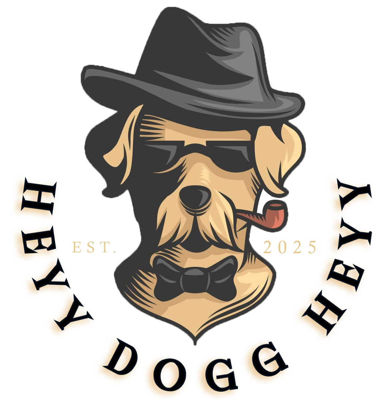 Stylized dog logo in a black fedora, with curved text reading “HEYY DOGG HEYY” around it