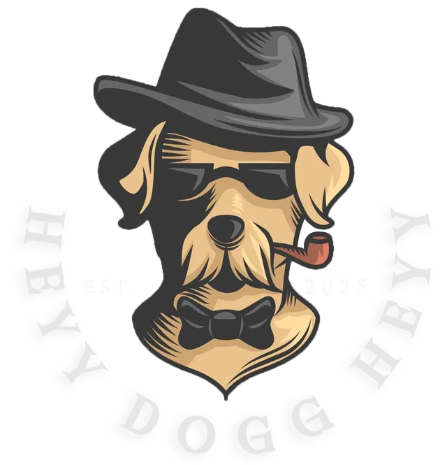 Stylized dog mascot in black hat and bow tie with text “HEY DOGGY” around it
