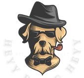 Stylized dog mascot in a black fedora, sunglasses, and bow tie, with a cigar and faint “DOGG” text.
