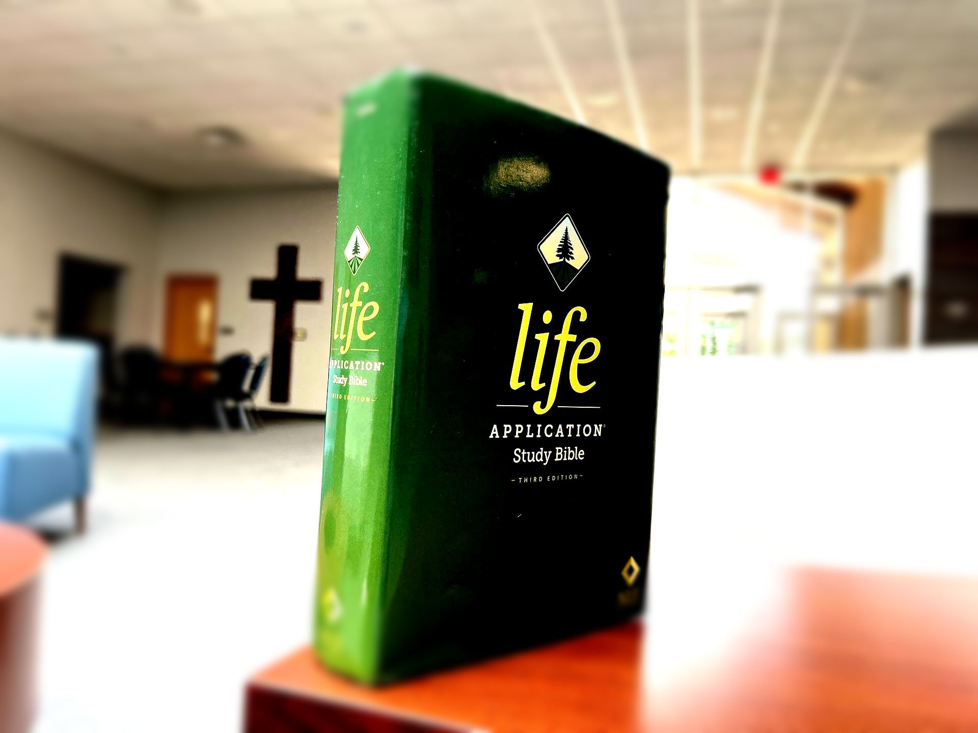 A green bible with the word life on it