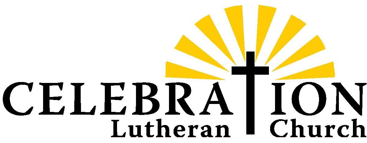 A logo for celebration lutheran church with a cross and sun rays.