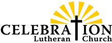 A logo for celebration lutheran church with a cross and sun rays.
