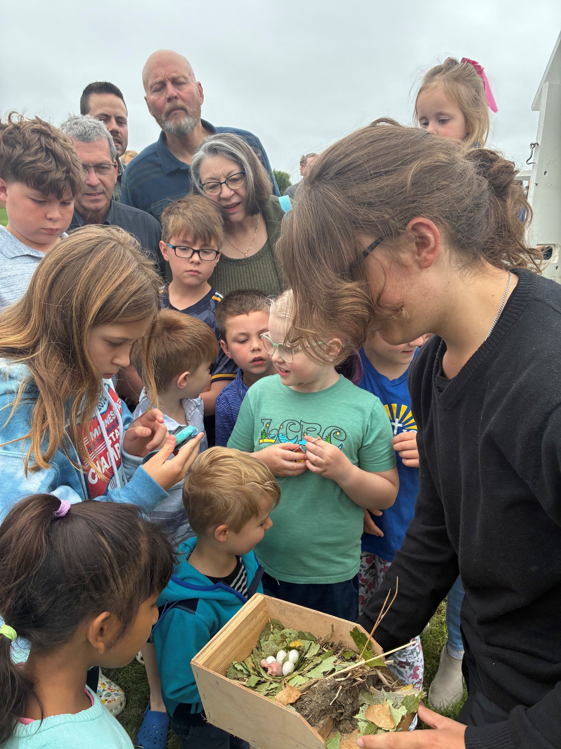 A group of children are looking at a box of vegetables.