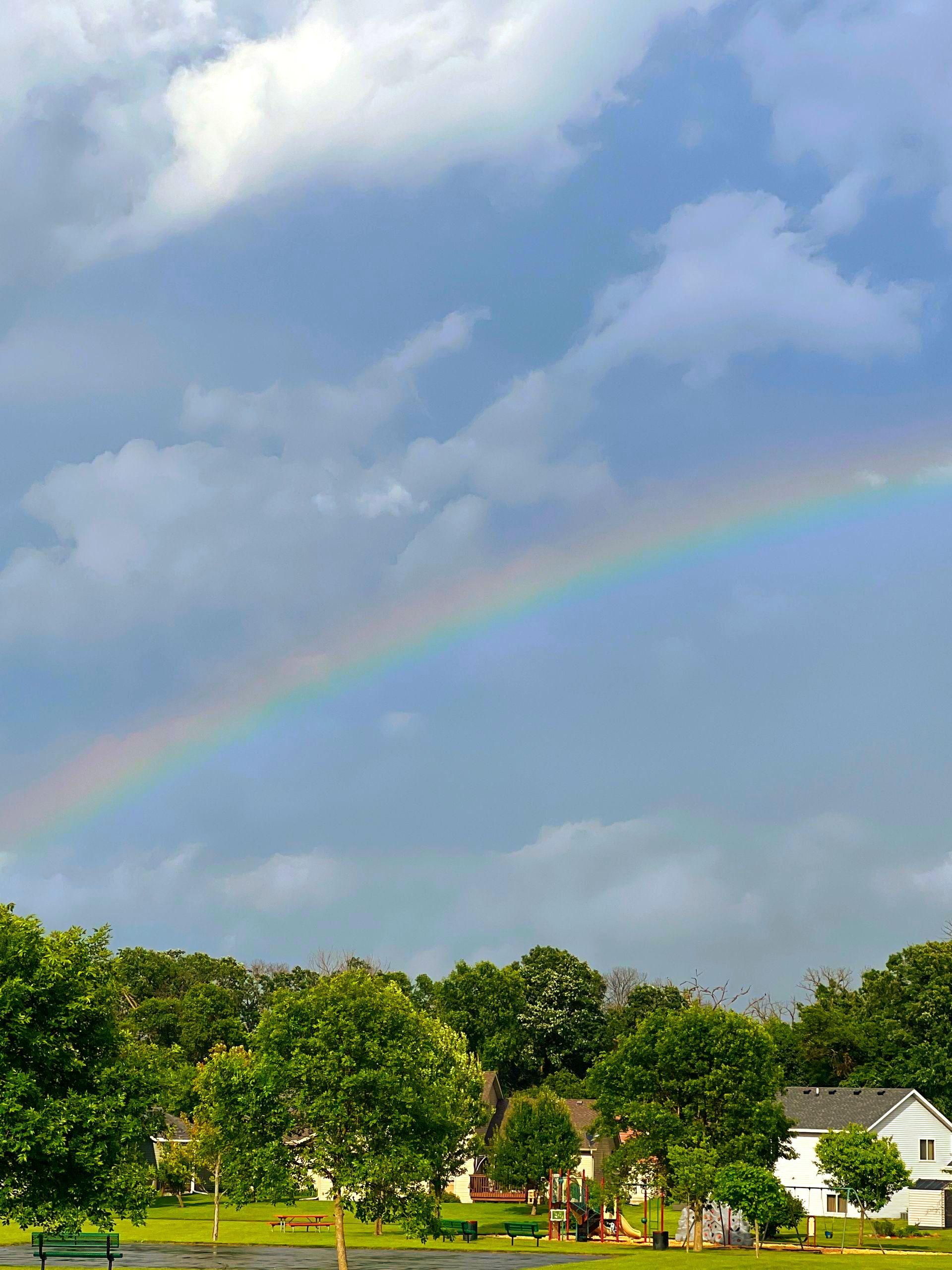 A rainbow is visible in the sky over a park