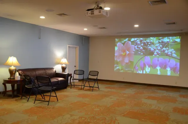 A living room with a couch and chairs and a projector screen projecting a picture of flowers on the wall.