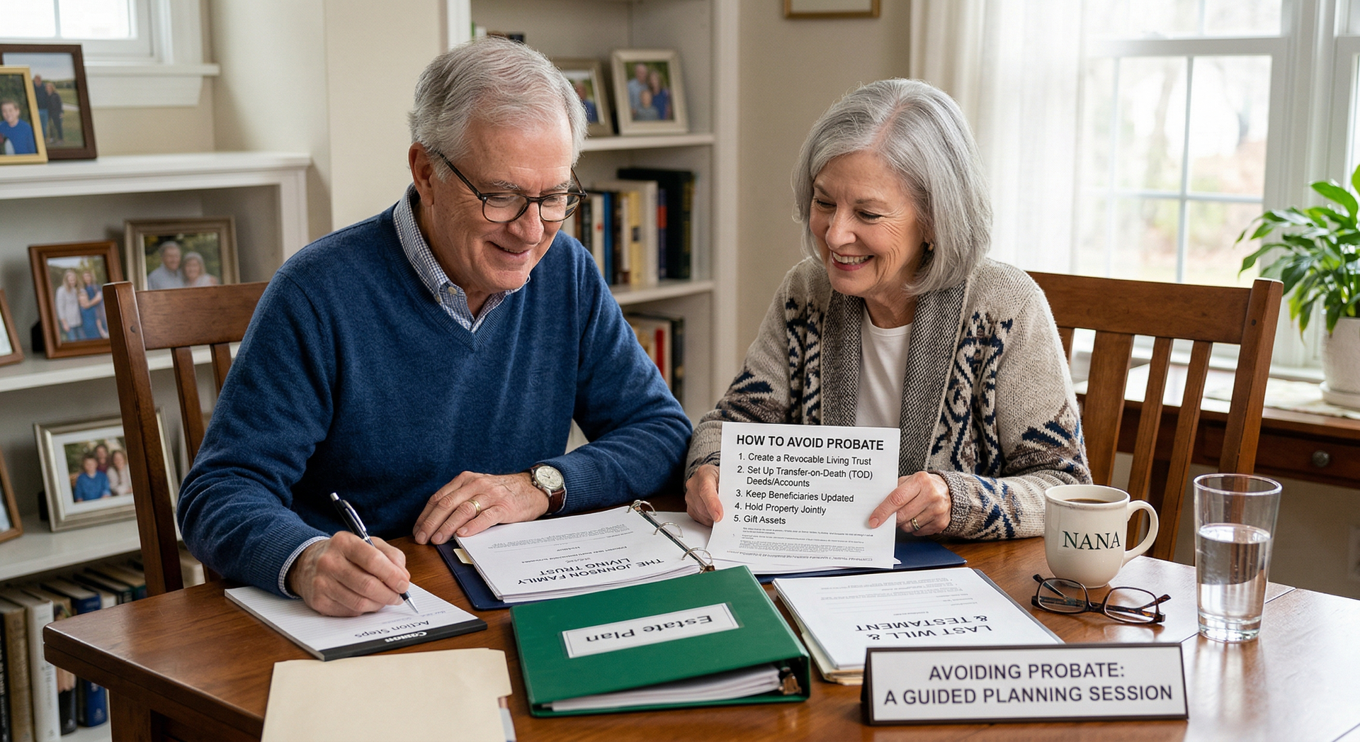 An older couple sitting at a wooden table, writing notes and reviewing documents during a formal estate planning session.