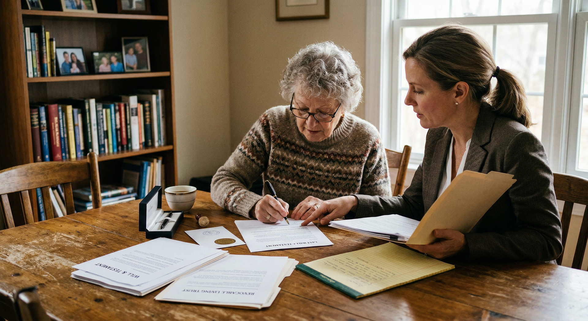 Two people sit at a wooden table reviewing documents together in a room with a bookshelf.