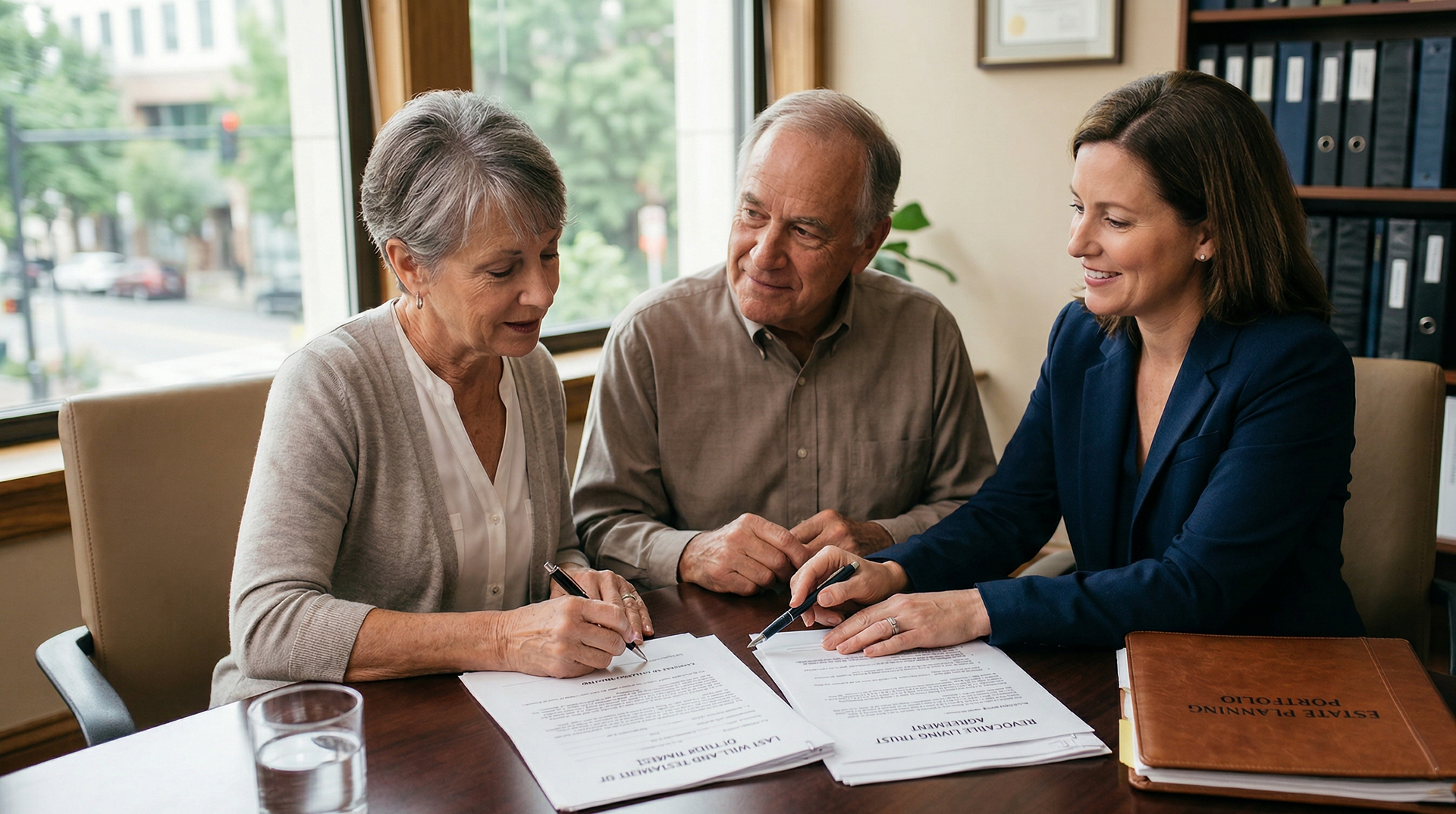 An advisor discusses documents with two people at a desk in an office.