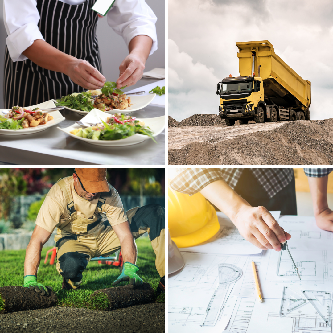 a collage of four pictures shows a dump truck and a man planting grass