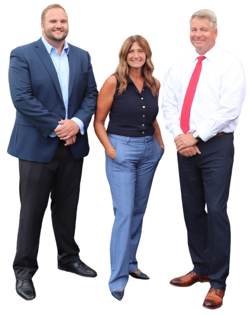 three people standing next to each other on a white background