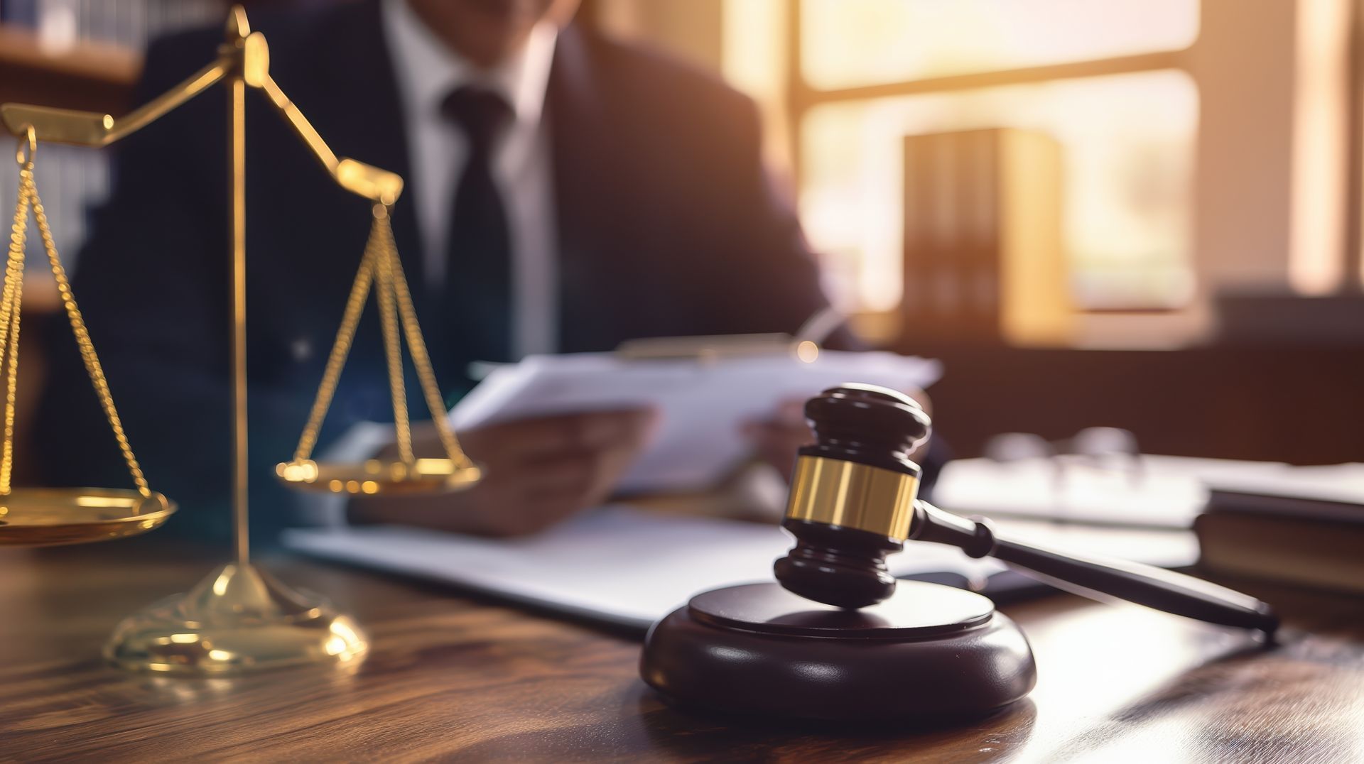 Legal gavel and golden scales of justice representing a personal injury lawyer's courtroom work.