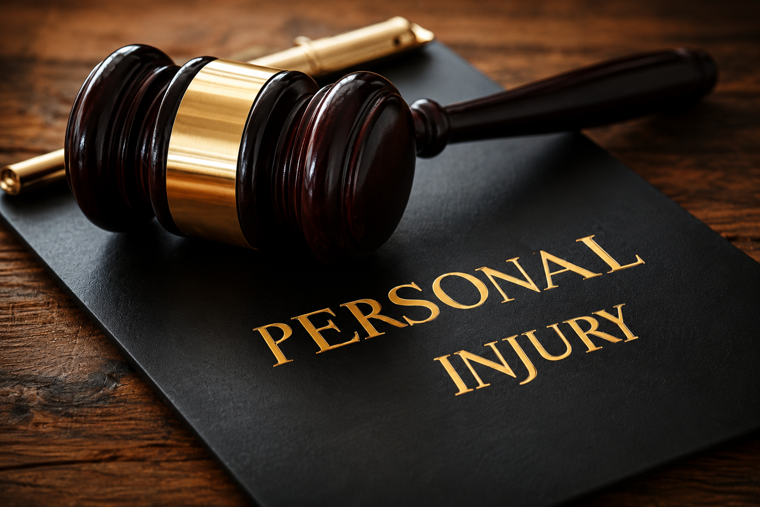 Gavel resting on a black leather “personal injury” folder with gold lettering on a wooden desk.