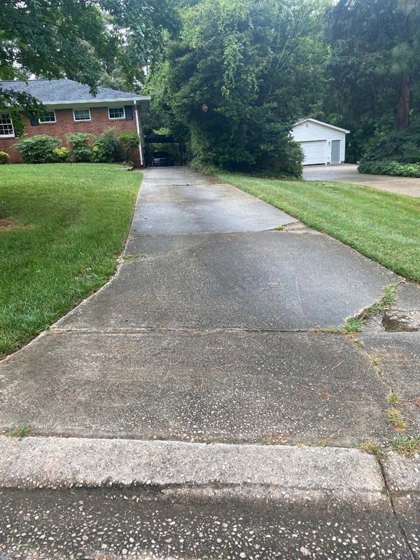 Concrete driveway leading to a house; green grass on both sides