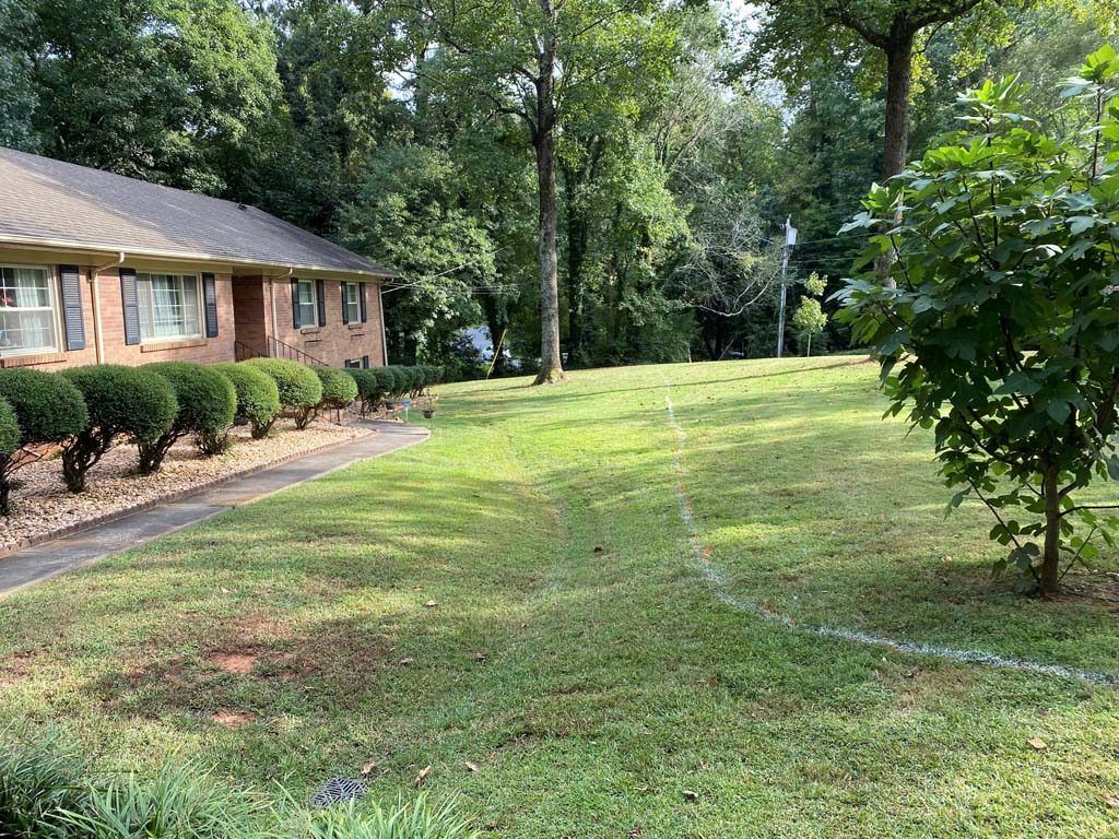 Lawn in front of a brick house with a line marked on the grass