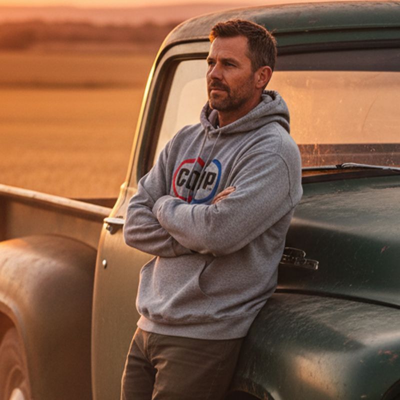 Man wearing a COOP hoodie leaning against a pickup in a rural field