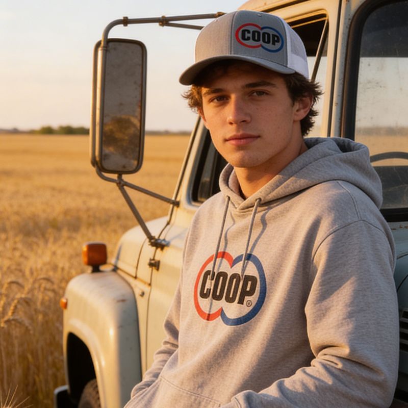 Teen wearing a COOP hat standing beside a truck