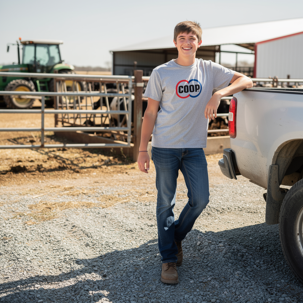 Young farmer wearing a COOP shirt