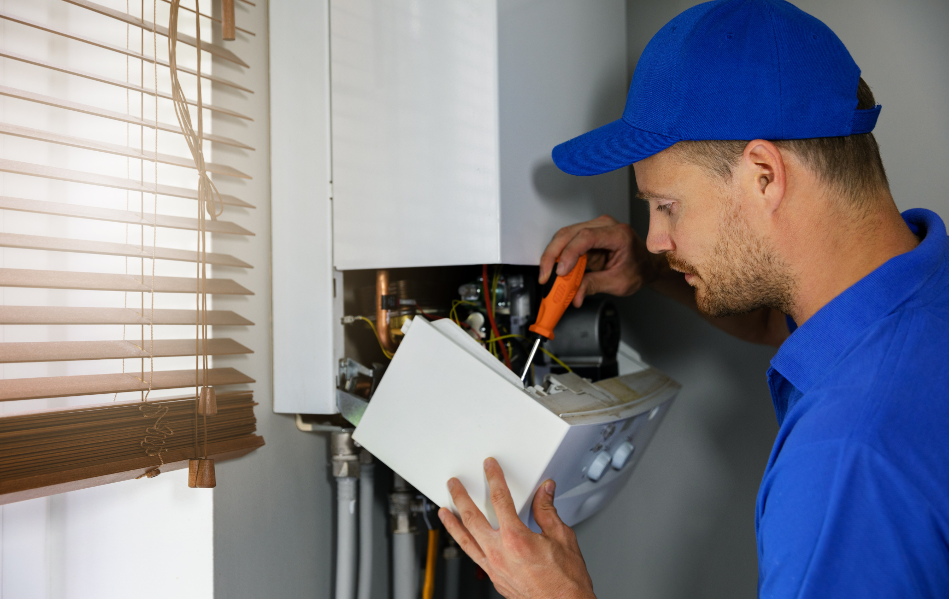 A man is fixing a boiler with a screwdriver.