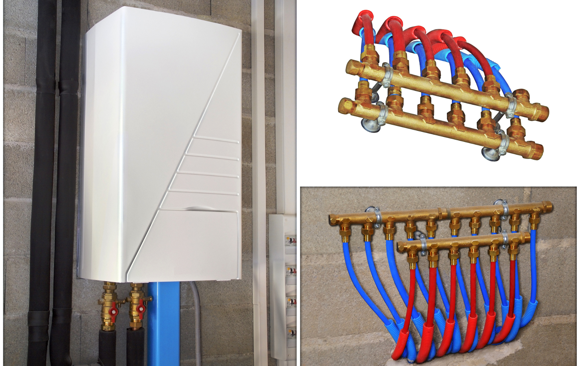 A picture of a boiler and a picture of a bunch of pipes