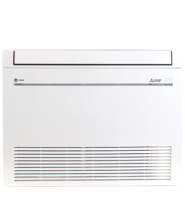 A white air conditioner is sitting on a white surface.