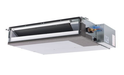 A picture of a ceiling mounted air conditioner on a white background.