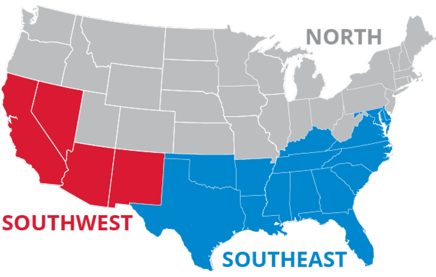 A map of the united states divided into north and southwest