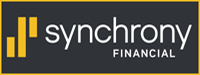 The logo for synchrony financial is black and yellow.