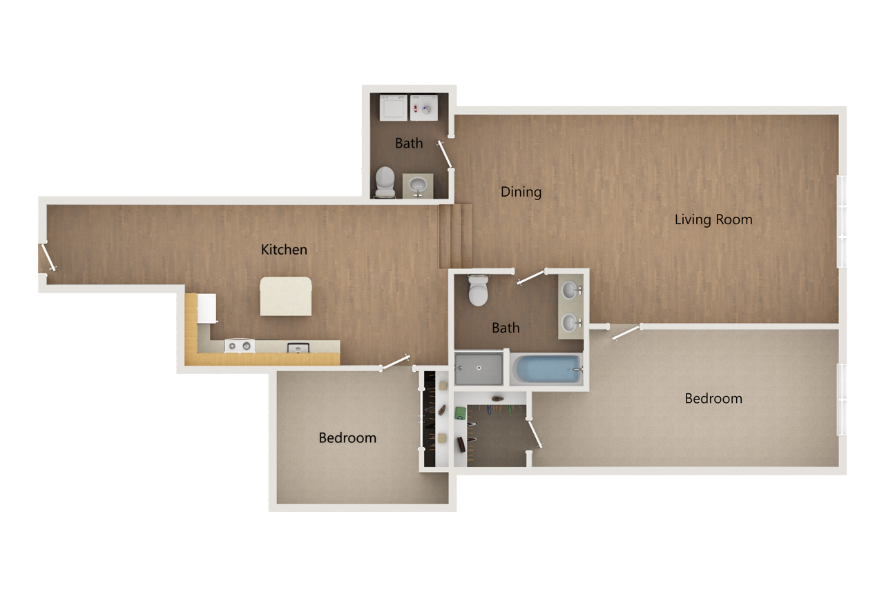 2D floor plan of a two-bedroom apartment with a kitchen, dining area, living room, and two bathrooms.