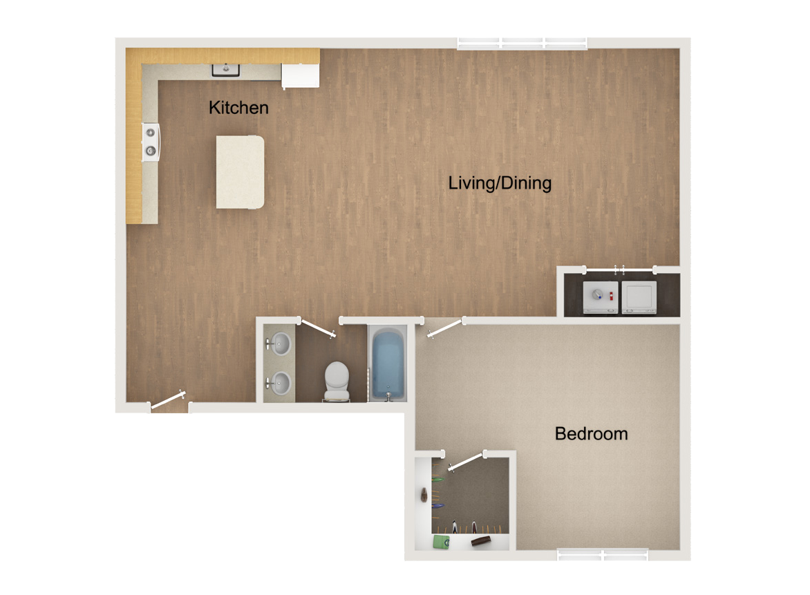 Floor plan for a one-bedroom apartment with an open living/dining area, kitchen, bathroom, and walk-in closet.