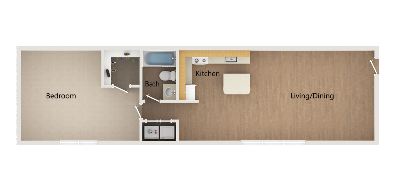 Floor plan of a one-bedroom apartment featuring a bathroom, kitchen, and open-concept living and dining area.