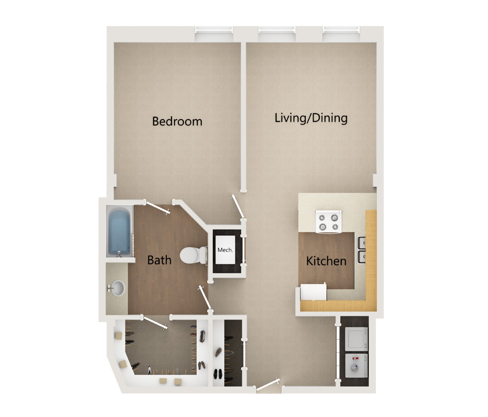 A floor plan of a one-bedroom apartment with a living/dining area, kitchen, bathroom, and walk-in closet.